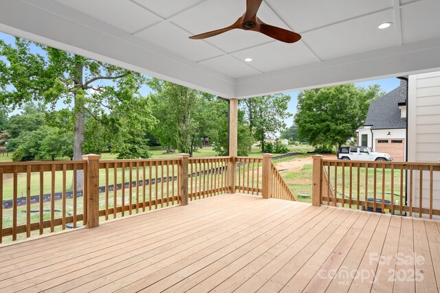 106 Arbor Dr, Waxhaw, NC 28173 - wooden deck featuring a ceiling fan and a yard