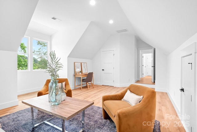 106 Arbor Dr, Waxhaw, NC 28173 - living area featuring vaulted ceiling, light wood-style floors, baseboards, recessed lighting, and a desk