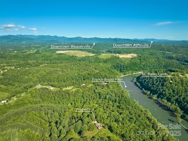55 Dane Acres Dr, Alexander, NC 28701 - aerial view of property and surrounding area featuring a heavily wooded area and a mountain backdrop