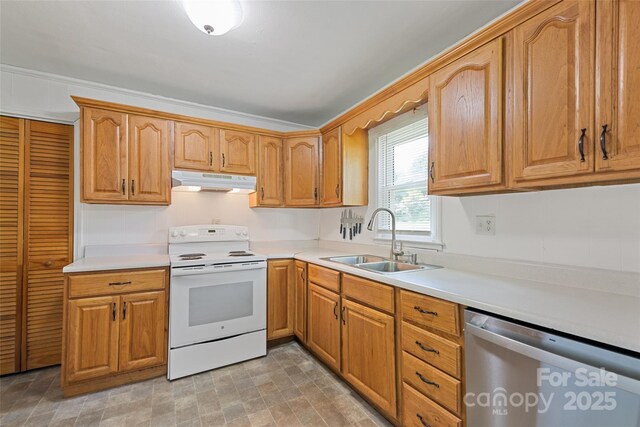 48 Medford Ave, Waynesville, NC 28786 - kitchen featuring electric range, stainless steel dishwasher, under cabinet range hood, a sink, and light countertops