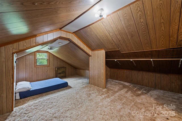 48 Medford Ave, Waynesville, NC 28786 - unfurnished bedroom featuring wooden walls, carpet, lofted ceiling, and wooden ceiling