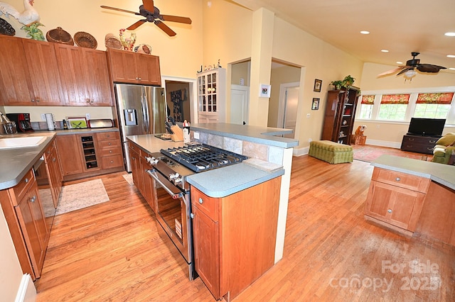 616 N Deal Ave, Newton, NC 28658 - kitchen with a ceiling fan, appliances with stainless steel finishes, open floor plan, a center island, and light wood finished floors