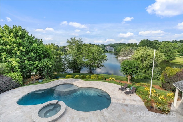 8721 Lake Challis Ln, Charlotte, NC 28226 - view of swimming pool with a water view, a patio area, and a pool with connected hot tub