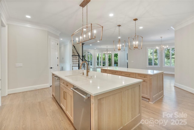 8721 Lake Challis Ln, Charlotte, NC 28226 - kitchen featuring a large island, light brown cabinets, a chandelier, ornamental molding, and dishwasher