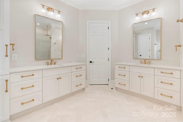 8721 Lake Challis Ln, Charlotte, NC 28226 - full bath featuring crown molding, two vanities, and a tile shower