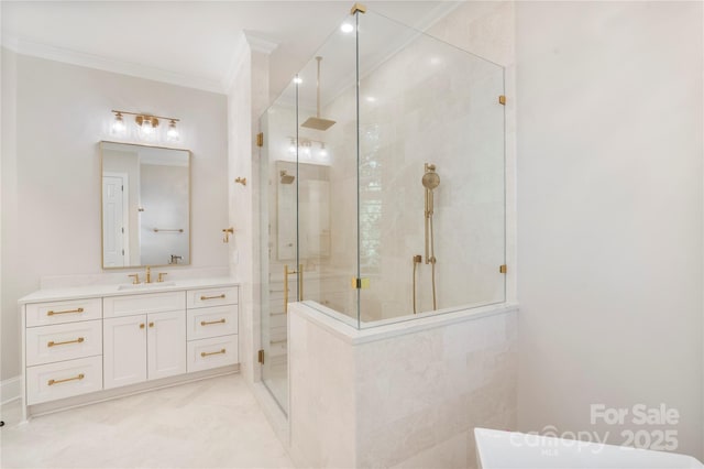 8721 Lake Challis Ln, Charlotte, NC 28226 - full bath featuring ornamental molding, a stall shower, vanity, and a tub to relax in