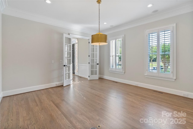 8721 Lake Challis Ln, Charlotte, NC 28226 - unfurnished room with french doors, ornamental molding, wood finished floors, and recessed lighting