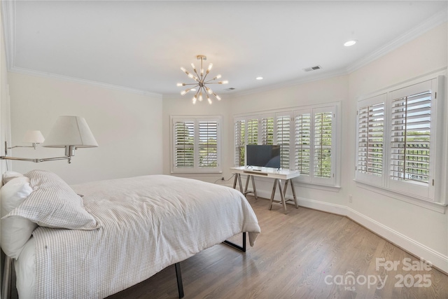 8721 Lake Challis Ln, Charlotte, NC 28226 - bedroom with wood finished floors, a chandelier, ornamental molding, and recessed lighting