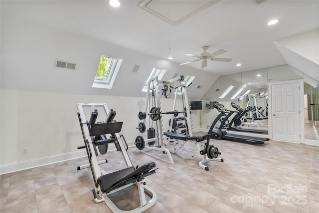 8721 Lake Challis Ln, Charlotte, NC 28226 - exercise room with lofted ceiling, recessed lighting, attic access, a ceiling fan, and a skylight