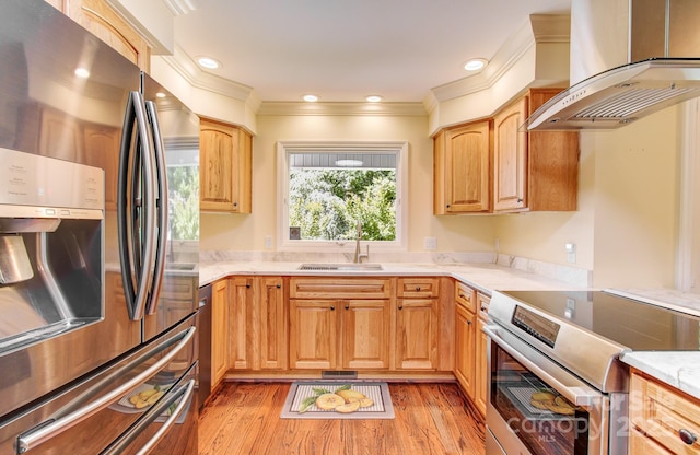 305 E High Point Ln, Hendersonville, NC 28791 - kitchen with stainless steel appliances, island range hood, a sink, light wood finished floors, and ornamental molding