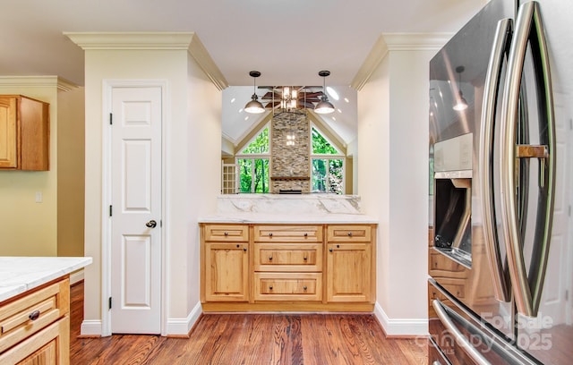 305 E High Point Ln, Hendersonville, NC 28791 - kitchen with stainless steel fridge with ice dispenser, wood finished floors, backsplash, a chandelier, and crown molding