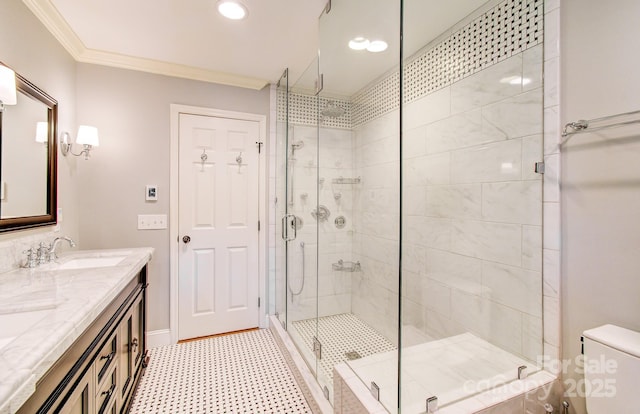 305 E High Point Ln, Hendersonville, NC 28791 - bathroom featuring a shower stall, tile patterned floors, double vanity, crown molding, and toilet