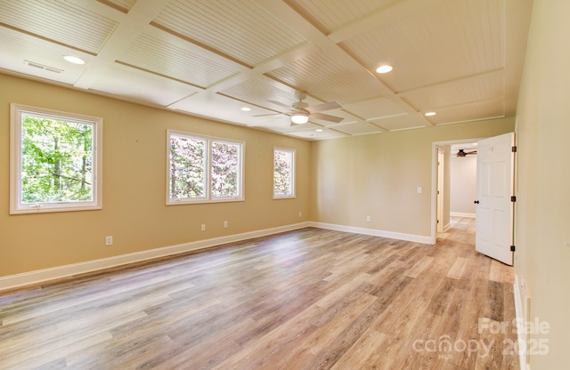 305 E High Point Ln, Hendersonville, NC 28791 - empty room featuring a ceiling fan, coffered ceiling, light wood finished floors, baseboards, and beamed ceiling