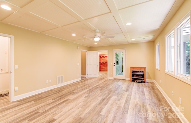 305 E High Point Ln, Hendersonville, NC 28791 - unfurnished living room with coffered ceiling, light wood-type flooring, ceiling fan, recessed lighting, and baseboards