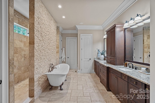 117 Walking Horse Trl, Davidson, NC 28036 - full bathroom featuring ornamental molding, a freestanding tub, vanity, walk in shower, and stone tile floors