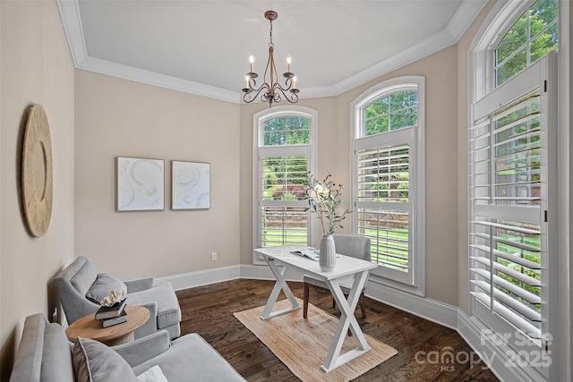 117 Walking Horse Trl, Davidson, NC 28036 - home office featuring crown molding, a chandelier, and dark wood finished floors