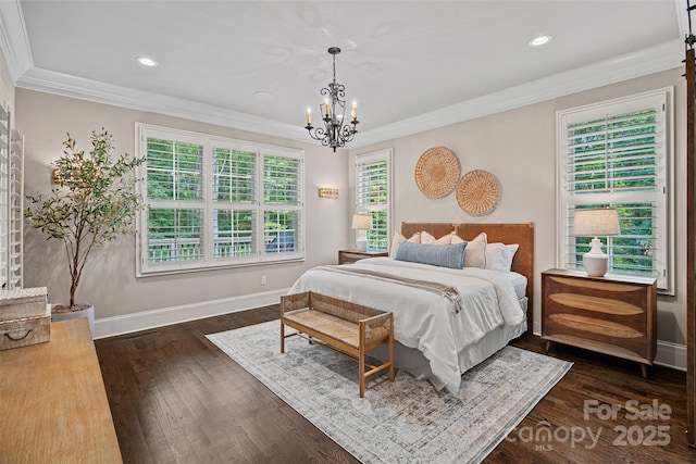 117 Walking Horse Trl, Davidson, NC 28036 - bedroom featuring a chandelier, crown molding, dark wood finished floors, and recessed lighting