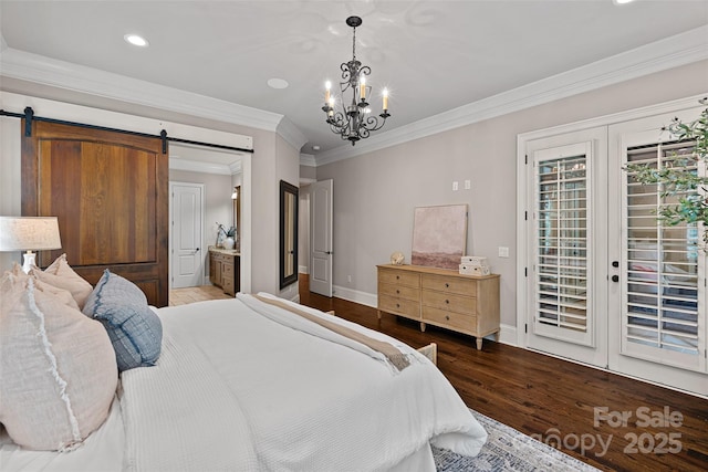 117 Walking Horse Trl, Davidson, NC 28036 - bedroom with access to exterior, a barn door, crown molding, wood finished floors, and a chandelier