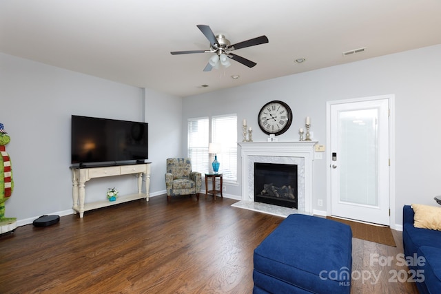 609 Atherton Way, Rock Hill, SC 29730 - living area featuring a ceiling fan, a fireplace, wood finished floors, and baseboards