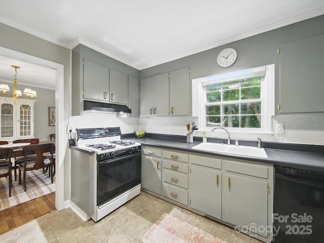 2026 Knell Dr, Charlotte, NC 28212 - kitchen with range with gas cooktop, black dishwasher, a sink, under cabinet range hood, and a chandelier