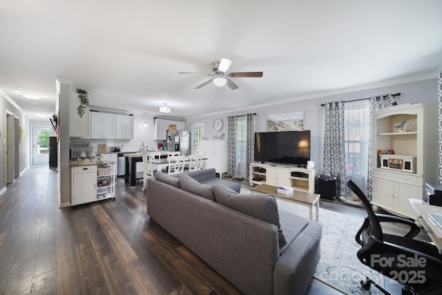 2302 Douglas Rd, Lancaster, SC 29720 - living area with a ceiling fan, crown molding, and dark wood finished floors