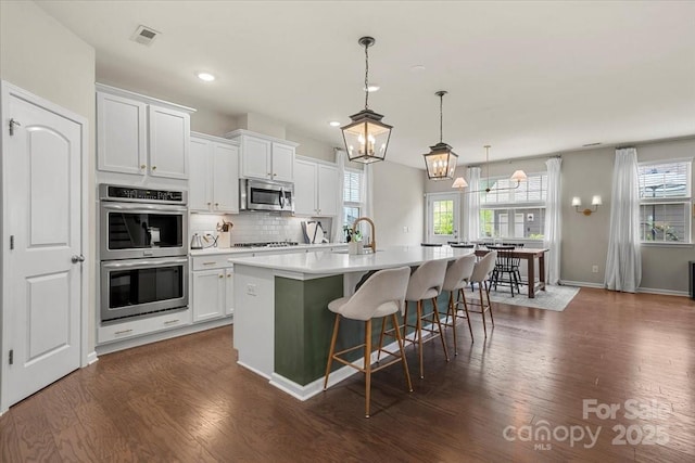 15515 Laverack Ln, Davidson, NC 28036 - kitchen featuring stainless steel appliances, dark wood-type flooring, plenty of natural light, and recessed lighting