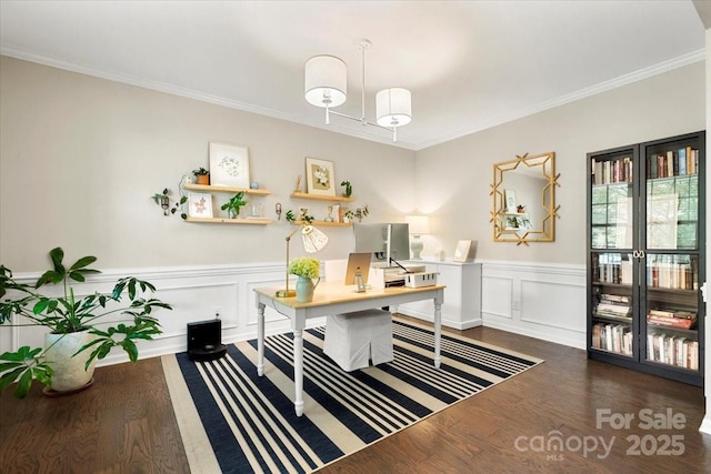 15515 Laverack Ln, Davidson, NC 28036 - home office featuring wood finished floors, ornamental molding, a wainscoted wall, and a decorative wall