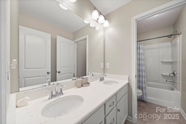 15515 Laverack Ln, Davidson, NC 28036 - full bath with double vanity, shower / bath combination with curtain, and tile patterned floors