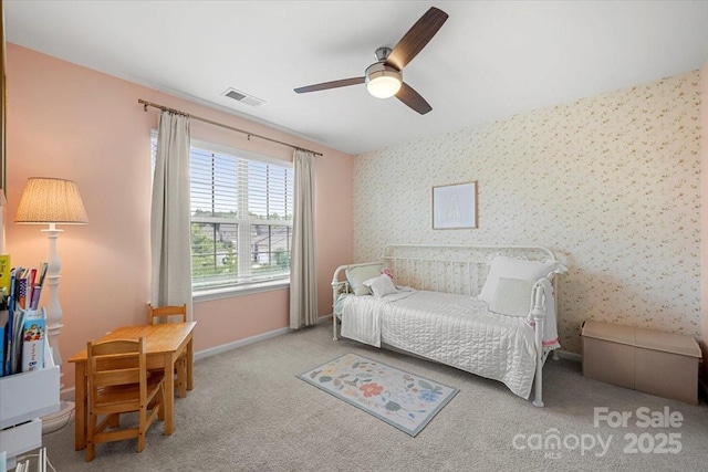 15515 Laverack Ln, Davidson, NC 28036 - carpeted bedroom with wallpapered walls and ceiling fan