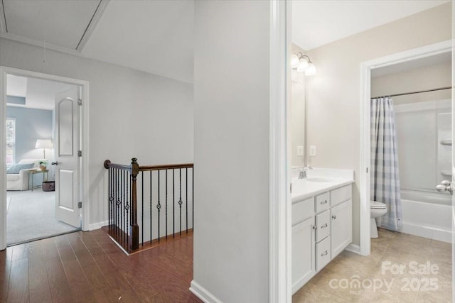 15515 Laverack Ln, Davidson, NC 28036 - bathroom featuring vanity, shower / bath combo with shower curtain, and wood finished floors