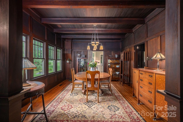 409 S Grove St, Lincolnton, NC 28092 - dining room with wood walls, light wood-style floors, and wood ceiling with exposed beams