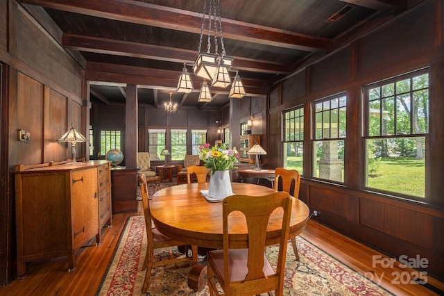 409 S Grove St, Lincolnton, NC 28092 - dining space featuring wooden walls, wood finished floors, a chandelier, and wood ceiling with exposed beams