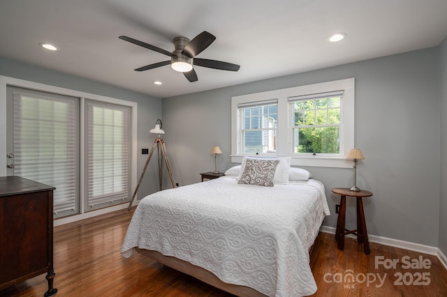 409 S Grove St, Lincolnton, NC 28092 - bedroom featuring wood finished floors, access to outside, baseboards, recessed lighting, and ceiling fan