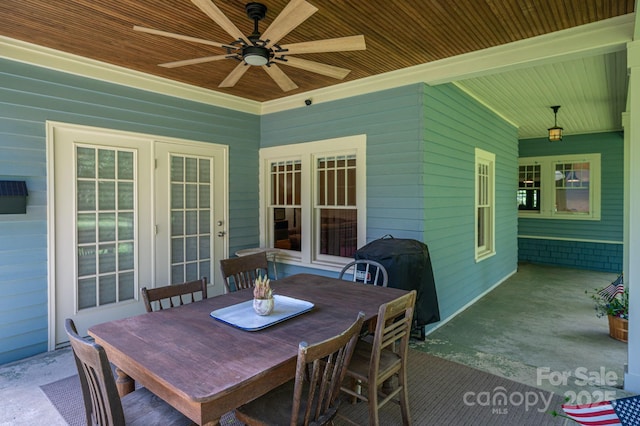 409 S Grove St, Lincolnton, NC 28092 - view of patio featuring a ceiling fan, outdoor dining space, french doors, and a grill