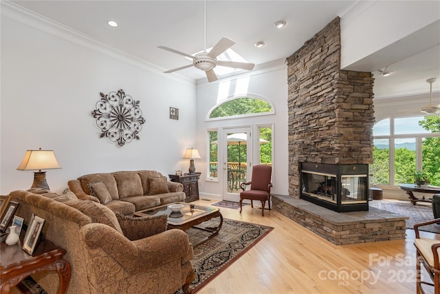 201 Kawani Ln, Brevard, NC 28712 - living room with ornamental molding, ceiling fan, wood finished floors, a fireplace, and recessed lighting
