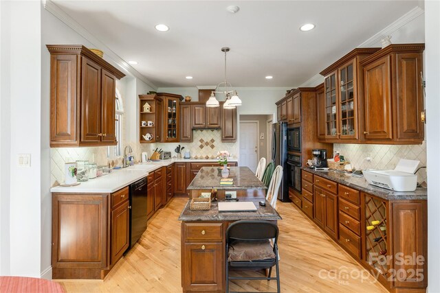 201 Kawani Ln, Brevard, NC 28712 - kitchen with a sink, black appliances, tasteful backsplash, ornamental molding, and recessed lighting
