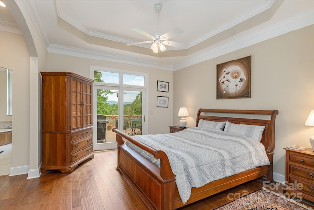 201 Kawani Ln, Brevard, NC 28712 - bedroom with access to outside, a raised ceiling, wood finished floors, crown molding, and baseboards