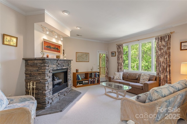 201 Kawani Ln, Brevard, NC 28712 - living room featuring a fireplace, carpet floors, and crown molding