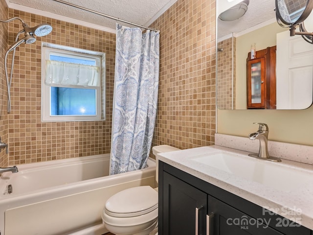 90 Coates Rd, Marshall, NC 28753 - full bath featuring a textured ceiling, vanity, toilet, ornamental molding, and shower / bathtub combination with curtain