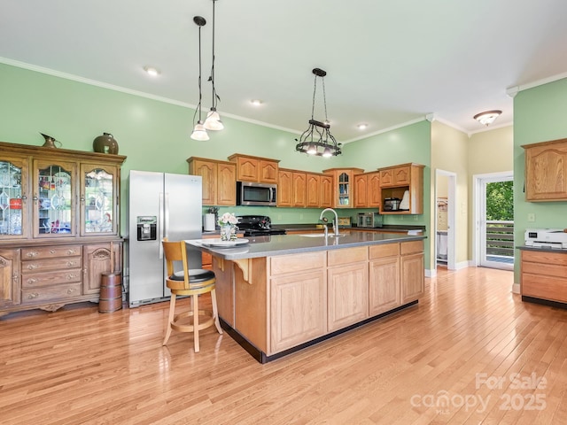 90 Coates Rd, Marshall, NC 28753 - kitchen featuring stainless steel appliances, crown molding, a center island with sink, light wood-style floors, and glass insert cabinets