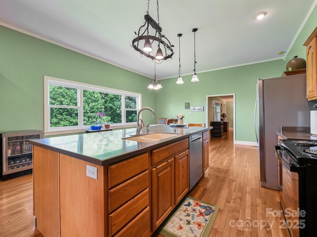 90 Coates Rd, Marshall, NC 28753 - kitchen with wine cooler, stainless steel dishwasher, ornamental molding, a sink, and black range