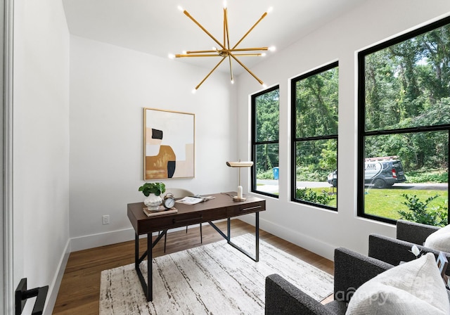 1626 Burtonwood Cir, Charlotte, NC 28212 - office area featuring healthy amount of natural light, a chandelier, and wood finished floors