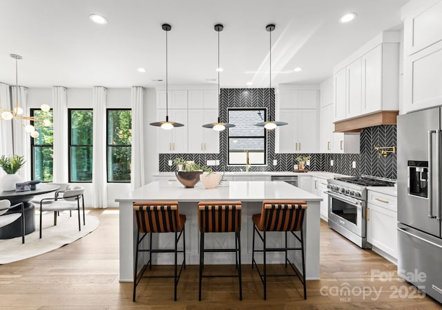 1626 Burtonwood Cir, Charlotte, NC 28212 - kitchen featuring premium appliances, a center island, tasteful backsplash, white cabinets, and recessed lighting
