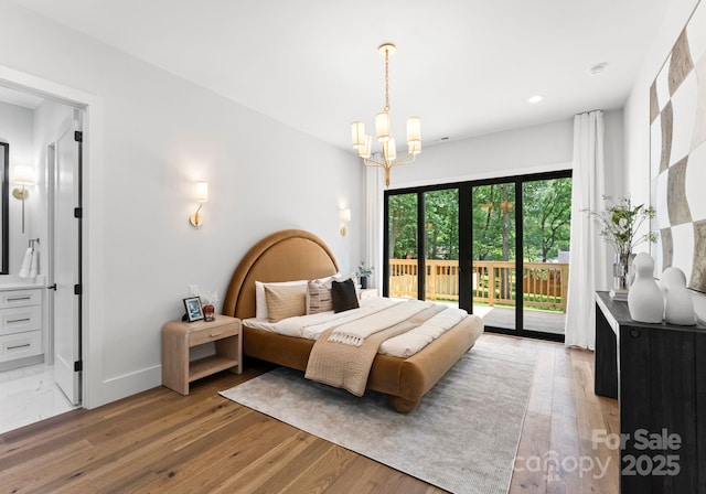 1626 Burtonwood Cir, Charlotte, NC 28212 - bedroom featuring access to exterior, a chandelier, ensuite bath, light wood-style floors, and recessed lighting