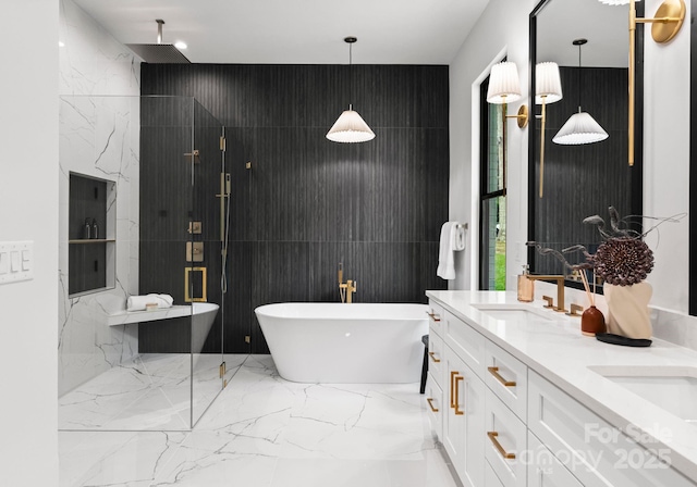 1626 Burtonwood Cir, Charlotte, NC 28212 - full bath with a freestanding tub, double vanity, marble tiled flooring, and a marble finish shower