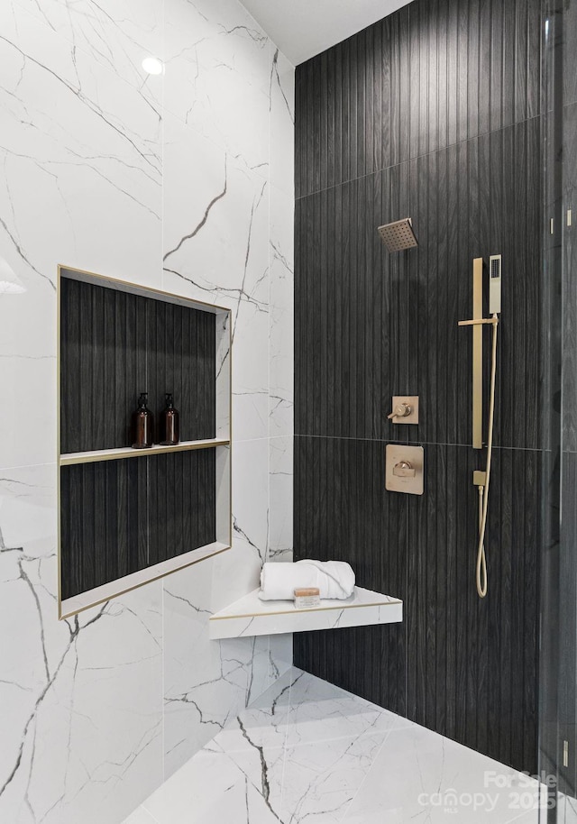 1626 Burtonwood Cir, Charlotte, NC 28212 - full bathroom with marble tiled floors, a marble finish shower, stone wall, and tile walls