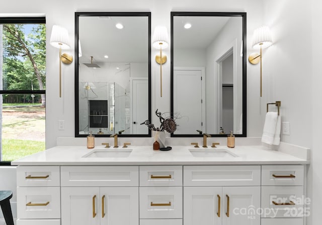 1626 Burtonwood Cir, Charlotte, NC 28212 - full bathroom featuring a marble finish shower, double vanity, and recessed lighting