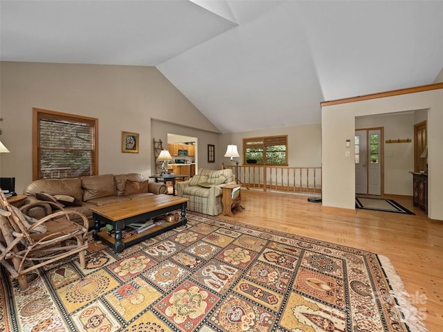 1396 W Christy Trl, Sapphire, NC 28774 - living room featuring wood finished floors and high vaulted ceiling