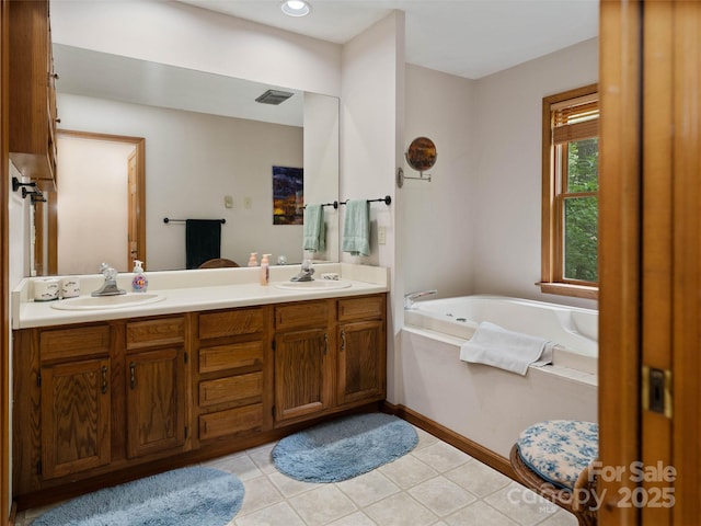1396 W Christy Trl, Sapphire, NC 28774 - bathroom featuring double vanity, a garden tub, and tile patterned floors