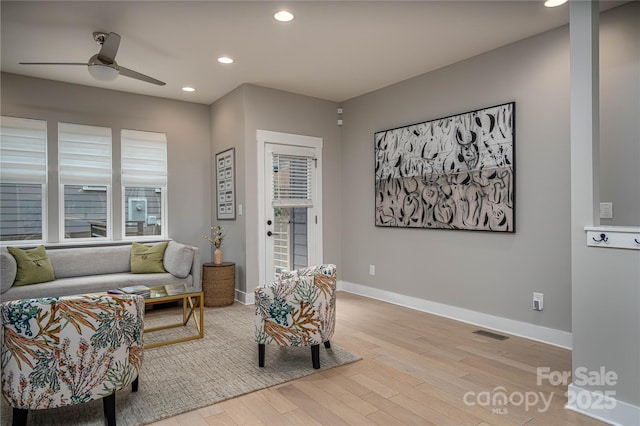 2011 Hamorton Pl, Charlotte, NC 28205 - living room featuring ceiling fan, light wood-style flooring, recessed lighting, and baseboards